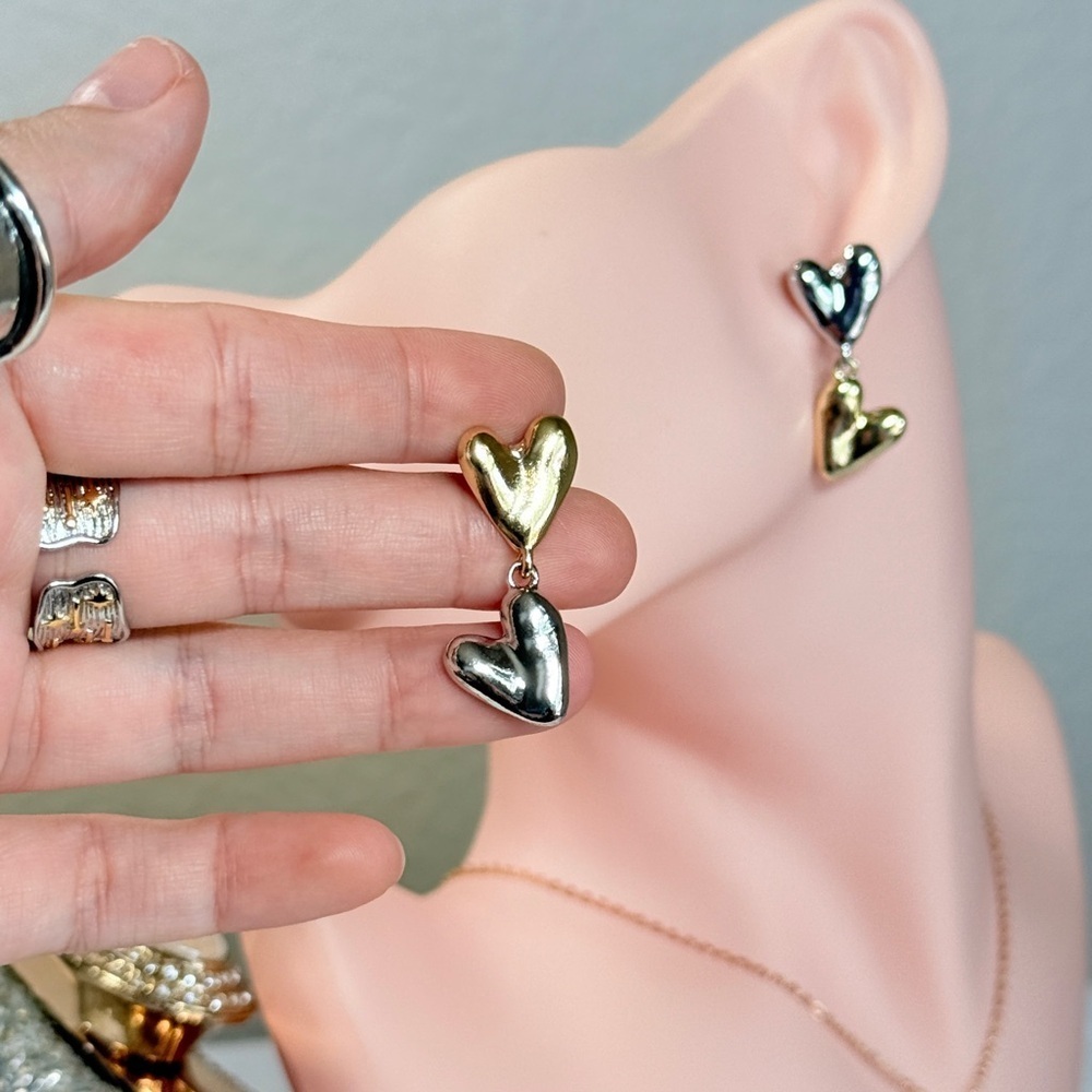 Minimalist Design Gold and Silver Heart Earrings - Picture 3 of 9